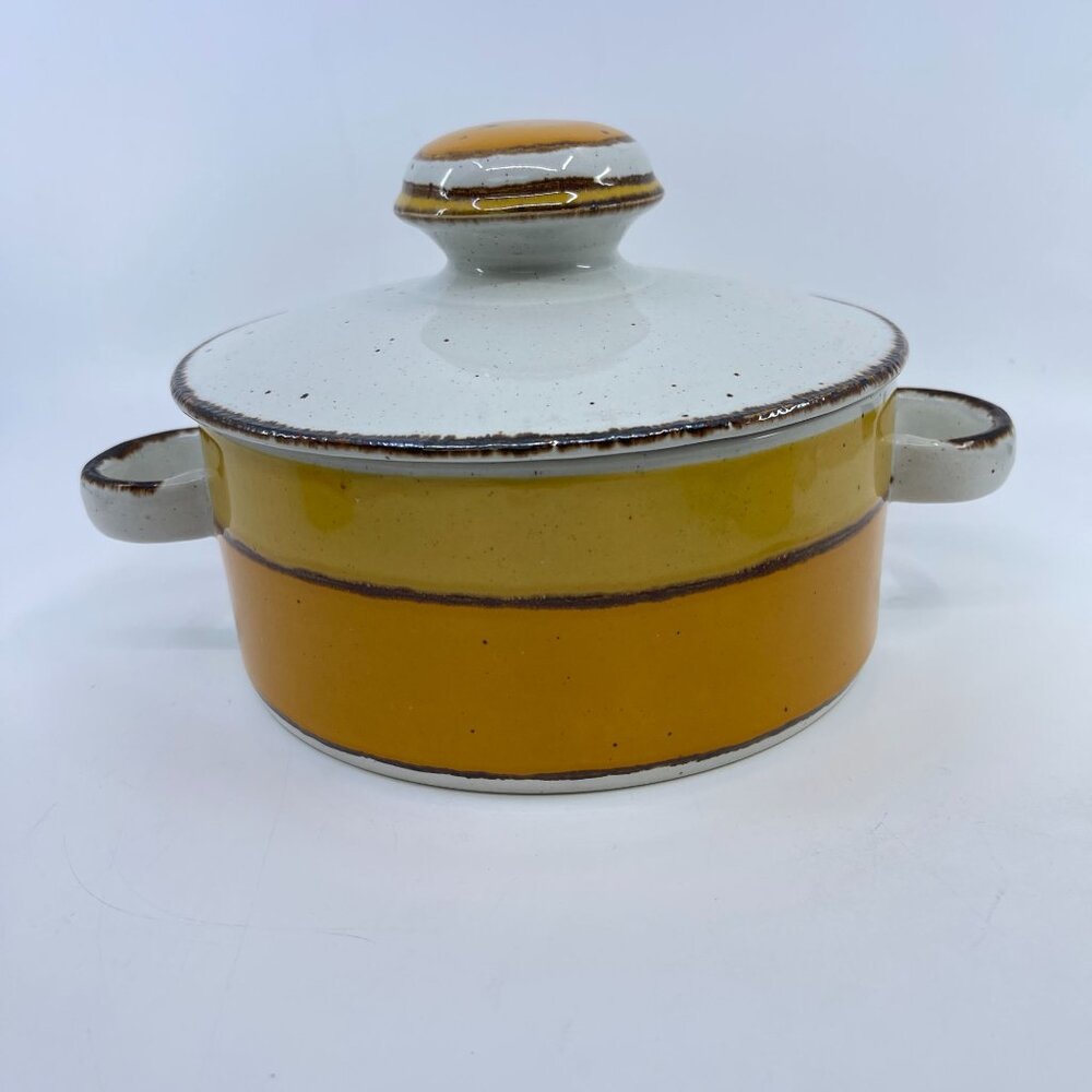vintage stonehenge midwinter sun covered casserole with handles 1970's